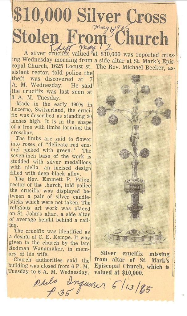 Stolen Cross - Inquirer article, 5-13-65, gift of R. Wanamaker