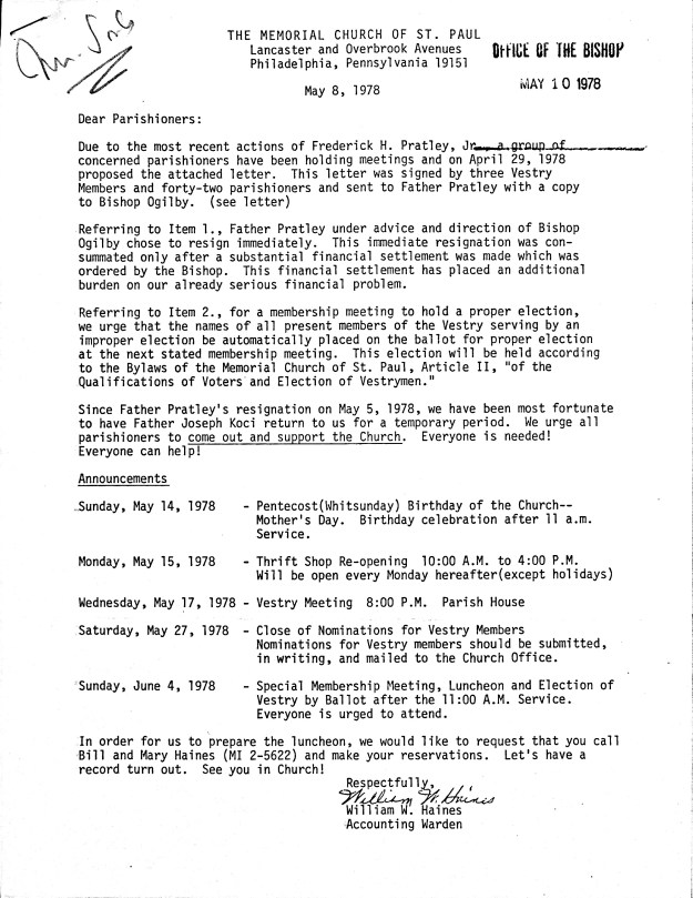 Letter Regarding the Resignation of Rev. Frederick H. Pratley, Jr., as ...