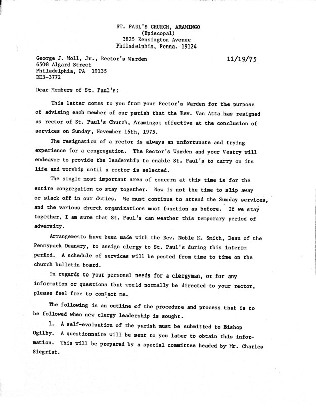 Letter Regarding the Resignation of Rev. Van Atta as Rector of St. Paul ...